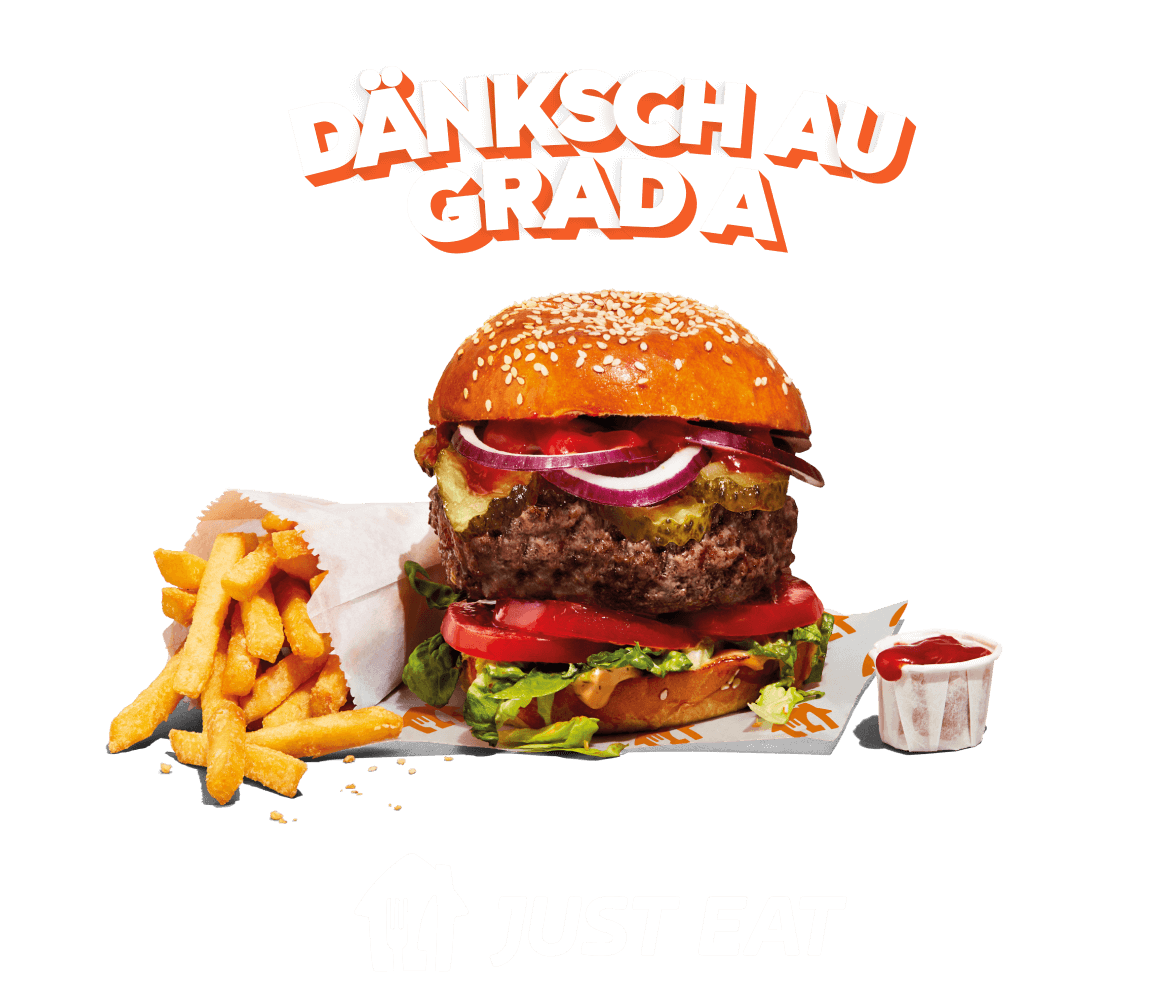 Grafik des Slogans Dänksch au Grad a über einem Burger mit Pommes und Ketchup auf orangem Hintergrund; darunter das Logo von JUST EAT