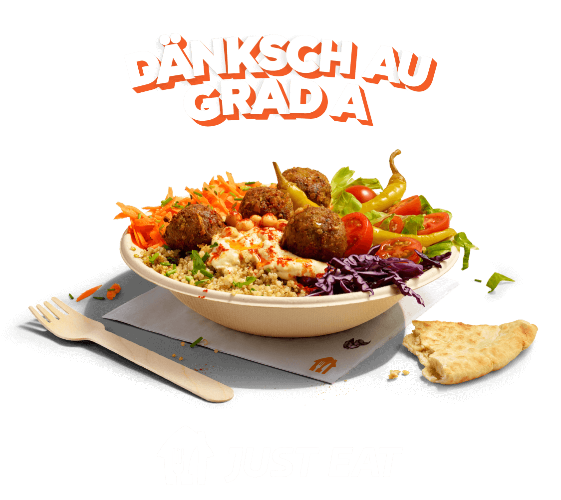 Grafik des Slogans Dänksch au Grad a über einem Teller mit Falafeln und Gemüse auf orangem Hintergrund; darunter das Logo von JUST EAT