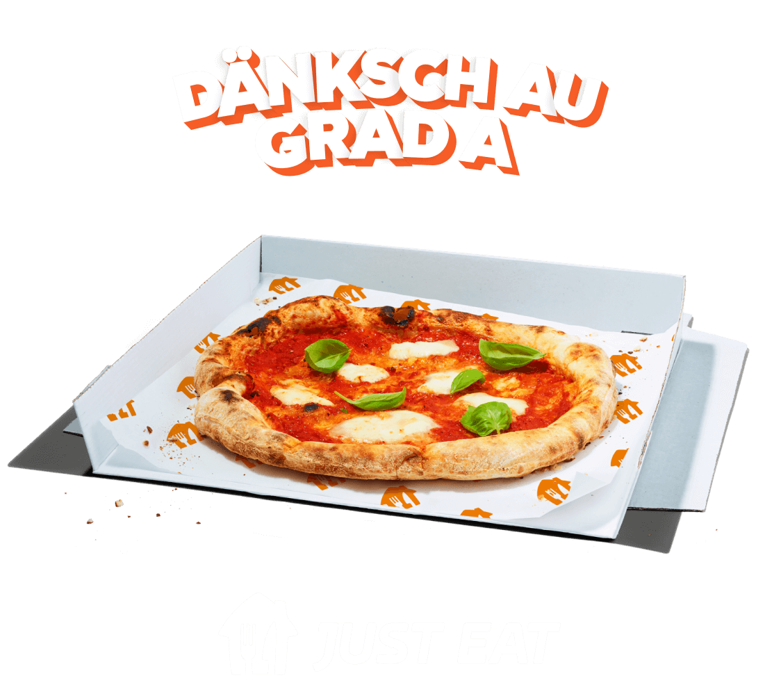 Grafik des Slogans Dänksch au Grad a über einer Pizza auf orangem Hintergrund; darunter das Logo von JUST EAT